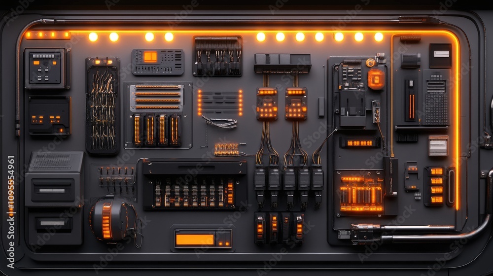 Futuristic Control Panel with LED Indicators and Wiring in Dark Environment, Showcasing Complex Electronics and Modern Design Aesthetics for Technology Projects