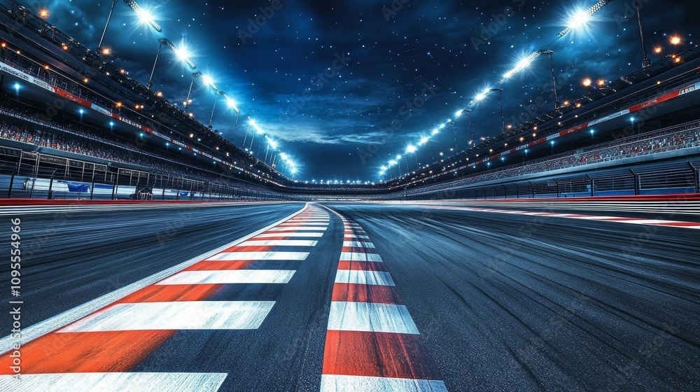 Futuristic Empty Race Track at Night with Illuminated Grandstands and Gleaming Asphalt Futuristic Empty Race Track at Night with Illuminated Grandstands and Gleaming Asphalt
