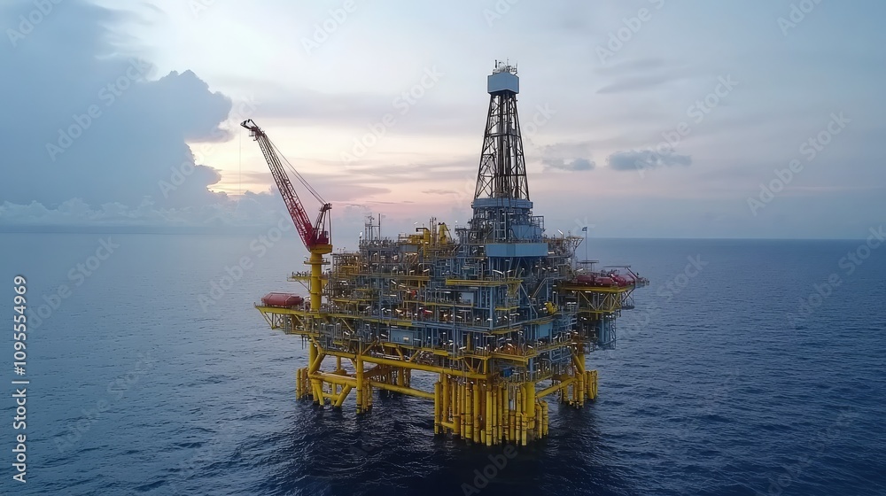 Aerial View of an Offshore Oil Platform with Crane in Operation During Sunset, Highlighting Industrial Engineering and Marine Technology in Ocean Waters Aerial View of an Offshore Oil Platform with Crane in Operation During Sunset, Highlighting Industrial Engineering and Marine Technology in Ocean Waters