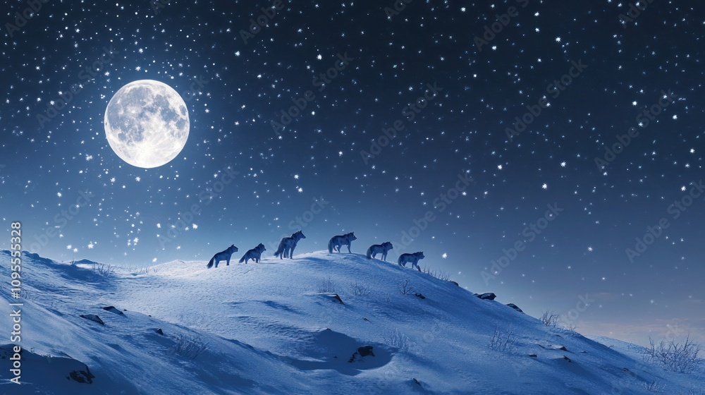 A serene night scene featuring wolves on a snowy hill under a starry sky and full moon. A serene night scene featuring wolves on a snowy hill under a starry sky and full moon.