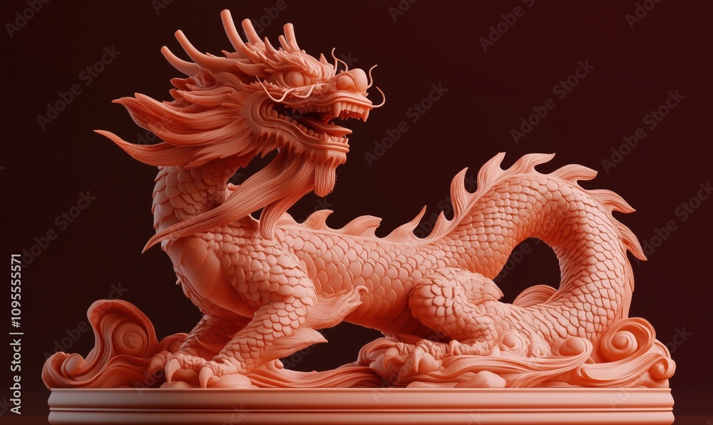 Dragon sculpture, intricate design, detailed scales, fierce expression, dynamic pose, traditional Asian art, vibrant coral color Dragon sculpture, intricate design, detailed scales, fierce expression, dynamic pose, traditional Asian art, vibrant coral color