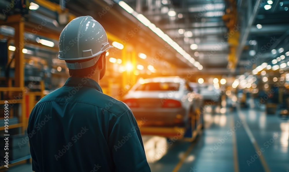 Factory worker observing car production line, industrial setting, bright lighting, modern manufacturing Factory worker observing car production line, industrial setting, bright lighting, modern manufacturing