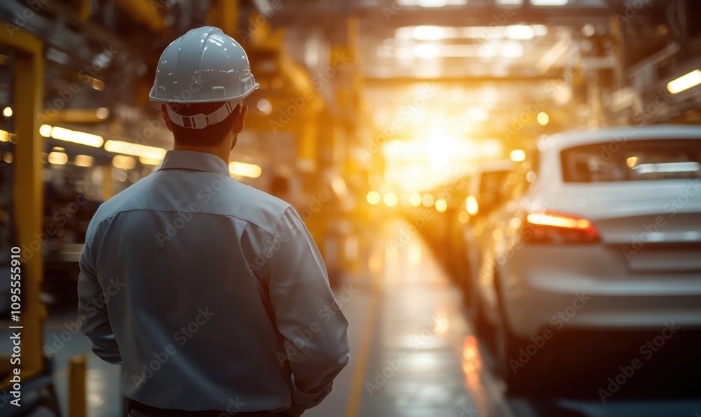 Factory worker observing production line, industrial setting, vehicles in assembly, warm lighting, safety helmet, focused atmosphere Factory worker observing production line, industrial setting, vehicles in assembly, warm lighting, safety helmet, focused atmosphere