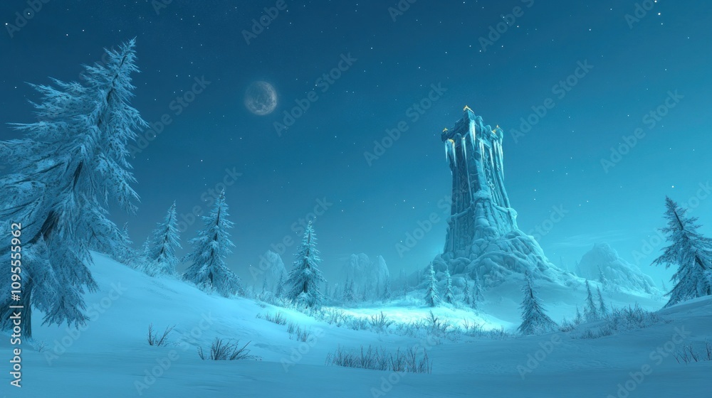 Naklejka premium A serene winter landscape featuring a tall, icy tower under a starry night sky.