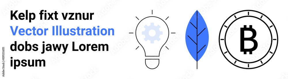 Light bulb with gear, blue leaf, Bitcoin coin symbol, and placeholder text Kelp fixt vznur, Vector Illustration, dobs jawy Lorem ipsum. Ideal for innovation, nature, cryptocurrency, templates Light bulb with gear, blue leaf, Bitcoin coin symbol, and placeholder text Kelp fixt vznur, Vector Illustration, dobs jawy Lorem ipsum. Ideal for innovation, nature, cryptocurrency, templates