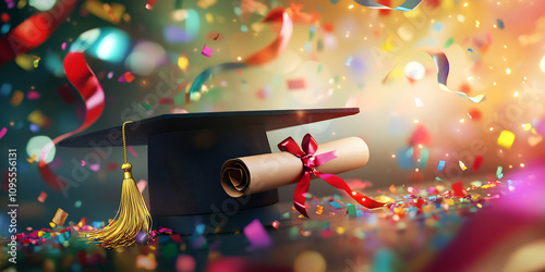 Graduation Cap with Golden Tassel and Diploma Tied with a Red Ribbon Surrounded by Colorful Confetti and Celebratory Lights photo