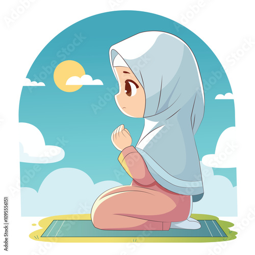 Cute Muslim girl praying on a prayer mat under a bright sky, illustrated in a kawaii cartoon style. Perfect for Islamic themes, children’s books, and educational content.
