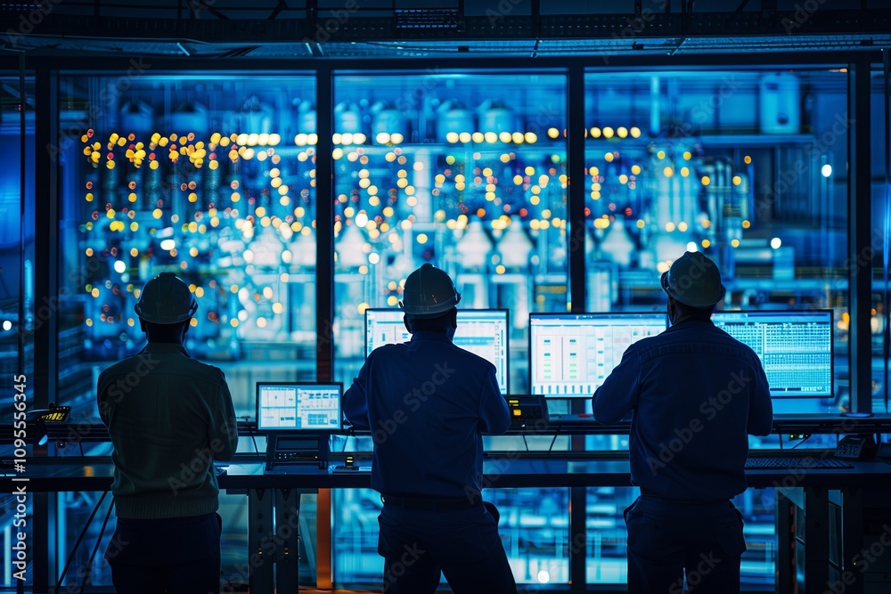 Engineers monitor controls and systems in a modern industrial facility at night with glowing machinery in the background. Generative AI