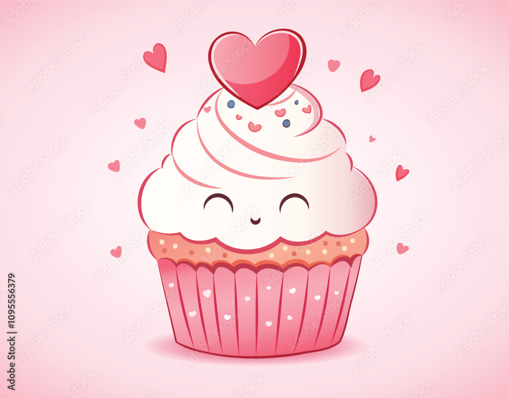 Cute cupcake illustration with a smiling face, heart decorations, and a pink background, perfect for Valentine’s Day or sweet-themed designs
Cute cupcake illustration with a smiling face, heart decorations, and a pink background, perfect for Valentine’s Day or sweet-themed designs