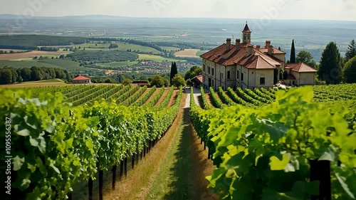 French chateau surrounded by vineyards photo