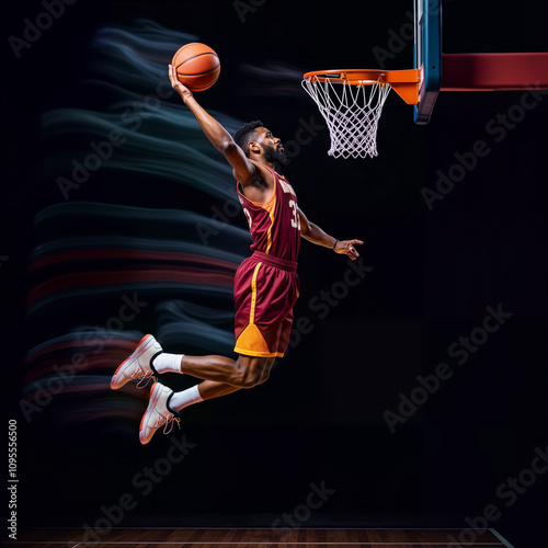 A basketball player performing a dynamic slam dunk, showcasing athleticism and energy. Ideal for sports marketing, gym promotions, team branding, and motivational materials, copy space, blank