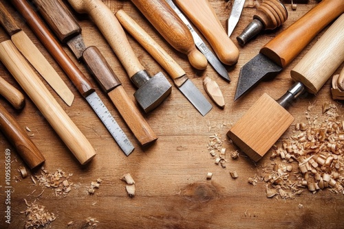 Woodworking Tools and Shavings on Rustic Workshop Table Hand Planes Chisels Saws Crafting Equipment