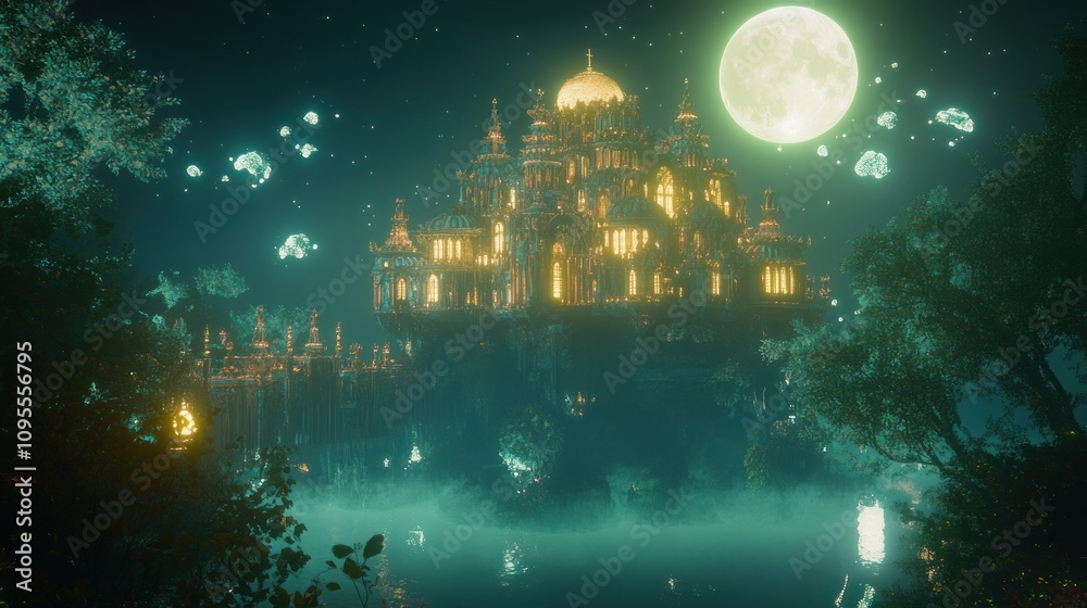 Obraz premium A mystical palace illuminated by moonlight, surrounded by water and ethereal lights.