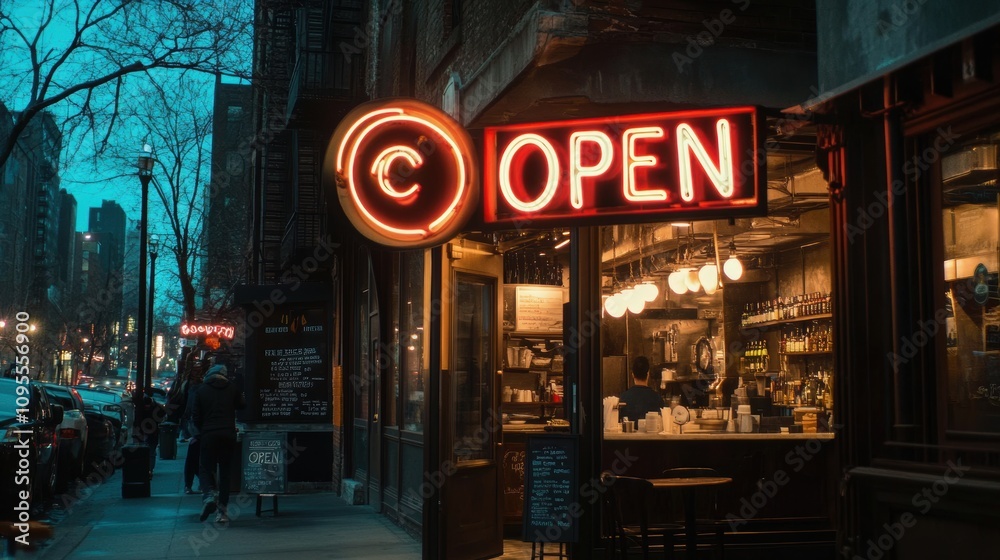 Fototapeta premium Open sign in store in city street.