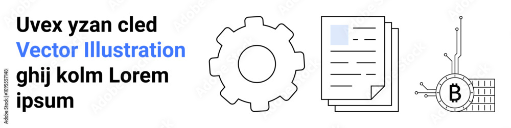 Gear icon, document stack, and cryptocurrency symbol. Ideal for technology, finance, blockchain, business, engineering, digital content data analysis Landing page Gear icon, document stack, and cryptocurrency symbol. Ideal for technology, finance, blockchain, business, engineering, digital content data analysis Landing page