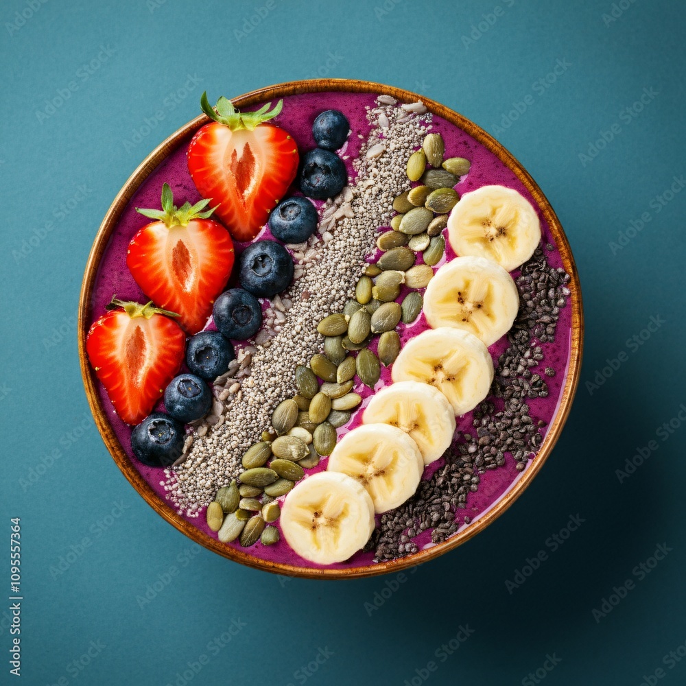 Overhead shot of a delicious smoothie bowl topped with fresh fruits and seeds Overhead shot of a delicious smoothie bowl topped with fresh fruits and seeds