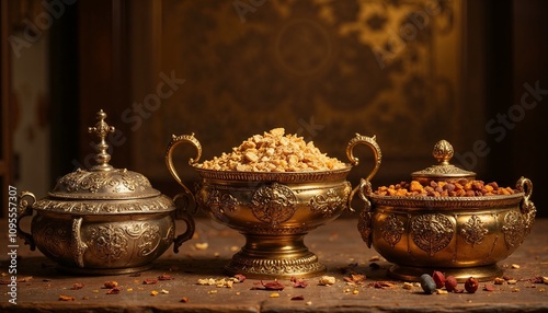 Magi’s gifts in ornate containers background – Ornate gold, silver, and bronze containers holding symbolic gifts of gold, frankincense, and myrrh photo