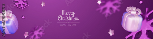 Happy New Year and Merry Christmas. Christmas holiday background with realistic 3d objects, violet and white bauble balls, conical metal stars, gift. Levitation falling design composition.