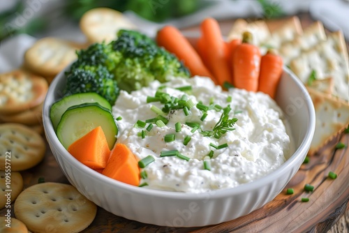 Fresh vegetable platter with creamy dip and assorted crackers for a healthy snack or party option. Generative AI