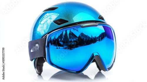 Blue Ski Helmet With Reflective Goggles On White Background photo