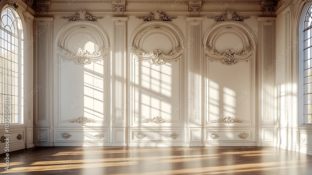 Fototapeta premium white empty room with shadow window and green plant on white wall luxury background and wooden floor