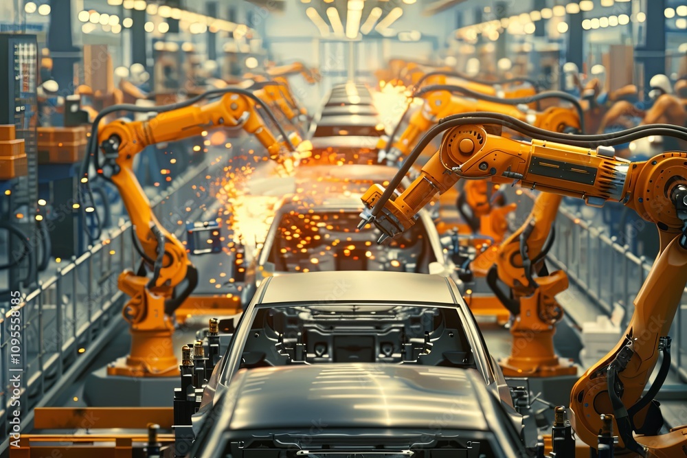 Robotic arms perform precise welding in an automated car manufacturing facility for efficient production. Generative AI Robotic arms perform precise welding in an automated car manufacturing facility for efficient production. Generative AI