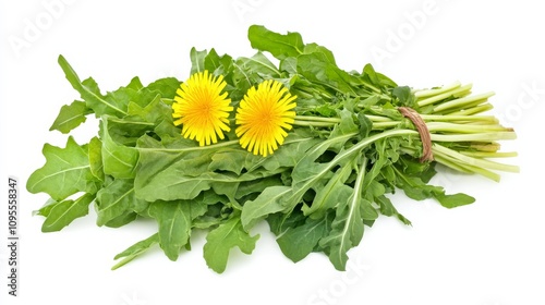 A fresh bunch of dandelion greens with their vibrant green leaves and bitter taste, Each leaf’s bright color and subtle imperfections captured with precision