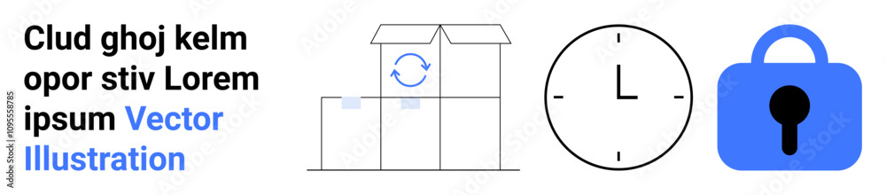 Open box with arrow, clock, and lock icon. Ideal for delivery services, logistics, time management, security, e-commerce, customer service, business operations. Banner for landing page Open box with arrow, clock, and lock icon. Ideal for delivery services, logistics, time management, security, e-commerce, customer service, business operations. Banner for landing page