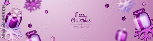 Happy New Year and Merry Christmas. Christmas holiday background with realistic 3d objects, violet and white bauble balls, conical metal stars, gift. Levitation falling design composition.