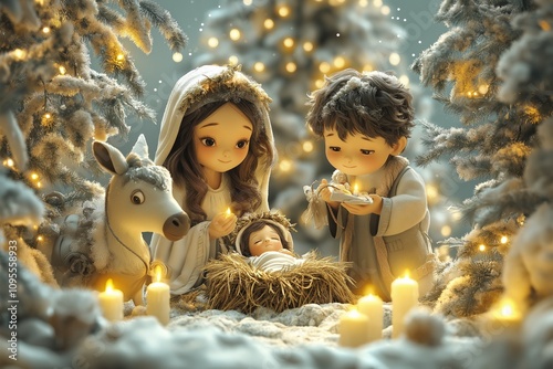 Holy family celebrating christmas with baby jesus in a snowy forest photo