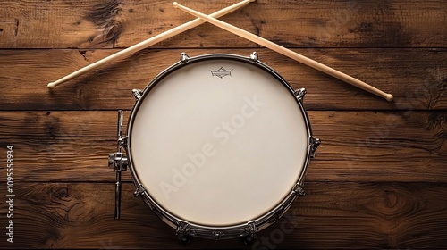 A crisp white snare drum with a clean drumhead placed on a warm wooden surface with two drumsticks crossed on top creating a minimalist and classic musical still life composition