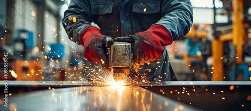 Welder using metal cutting saw in workshop with sparks flying