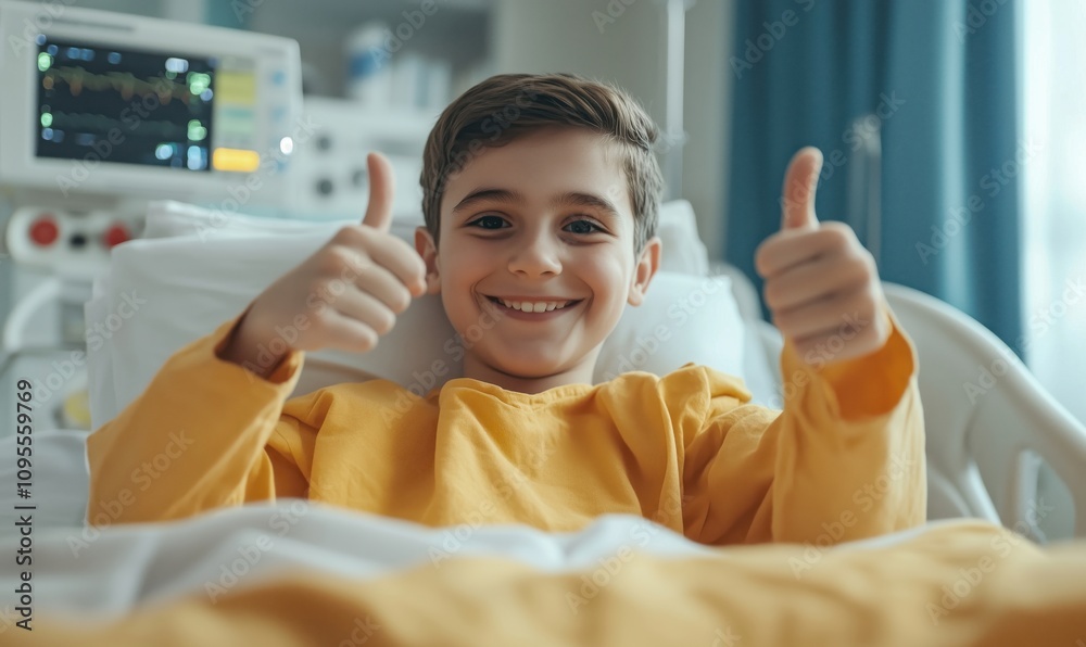 Smiling boy in hospital bed giving thumbs up, cheerful expression, bright yellow shirt, medical equipment in background, positive atmosphere Smiling boy in hospital bed giving thumbs up, cheerful expression, bright yellow shirt, medical equipment in background, positive atmosphere