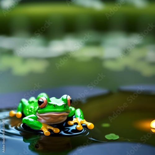 frog with a slight smile on a pond in the wild