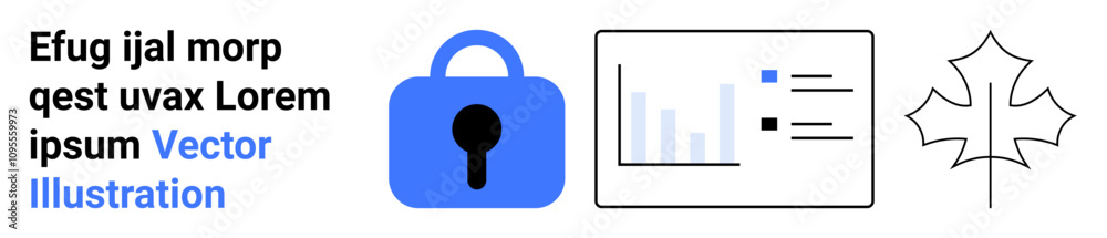 Blue lock symbol representing security, bar graph indicating data analytics, maple leaf signifying ecology. Ideal for cybersecurity, data analysis, environmental awareness, business presentations Blue lock symbol representing security, bar graph indicating data analytics, maple leaf signifying ecology. Ideal for cybersecurity, data analysis, environmental awareness, business presentations