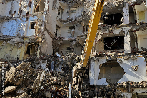 Demolition of building. Excavator breaks old house. long armed demolition machine seen demolishing a building.