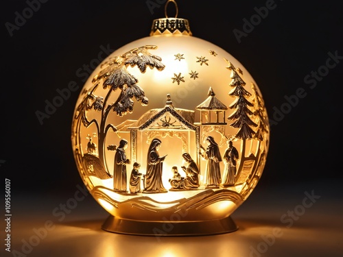 Ornate glass ornament with illuminated nativity scene capturing the essence of Christmas tranquility