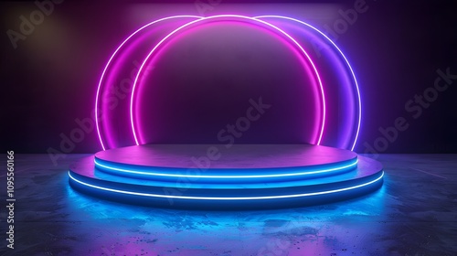 Podium A 3D rendering of a futuristic platform with glowing neon pink and blue circles.