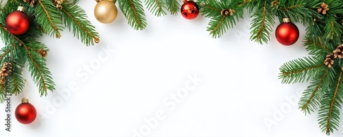 Festive holiday decorations with evergreen branches and colorful ornaments arranged on a white background for seasonal celebrations. Christmas and New Year