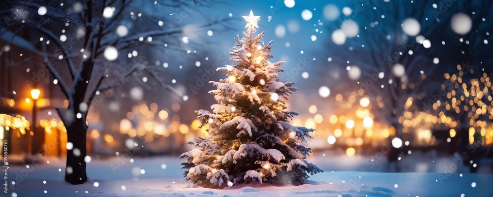 Snowy Christmas tree shining bright in a winter landscape filled with festive lights at night
