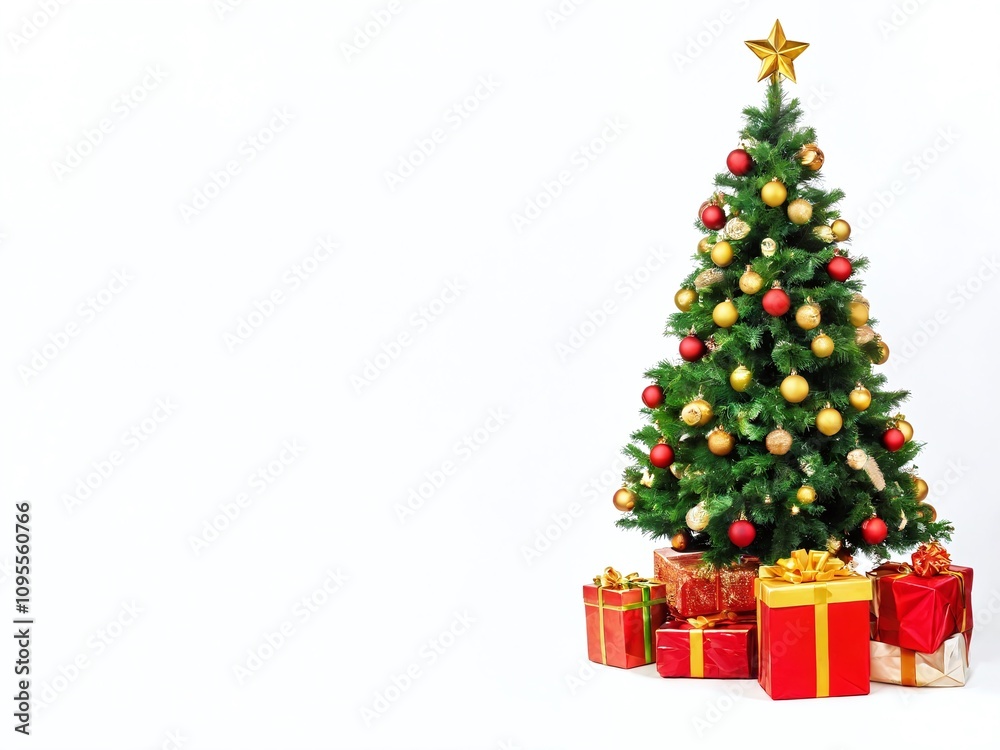 Festive Christmas tree adorned with ornaments and surrounded by colorful presents ready for celebration Festive Christmas tree adorned with ornaments and surrounded by colorful presents ready for celebration