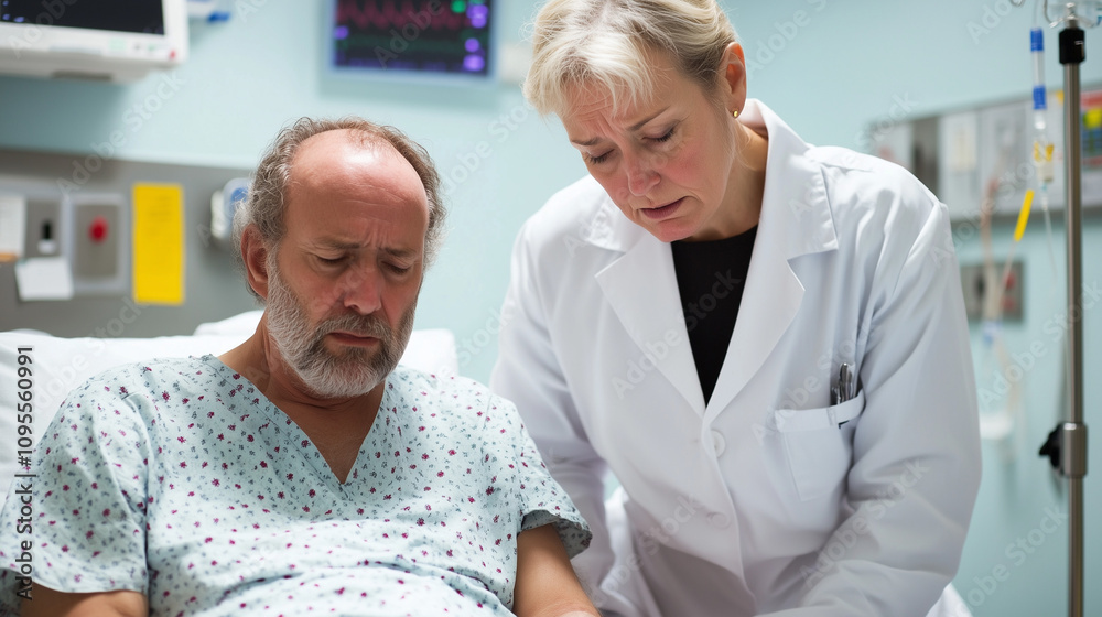 Obraz premium Doctor consulting with a patient in a hospital room, serious medical discussion, healthcare professionalism