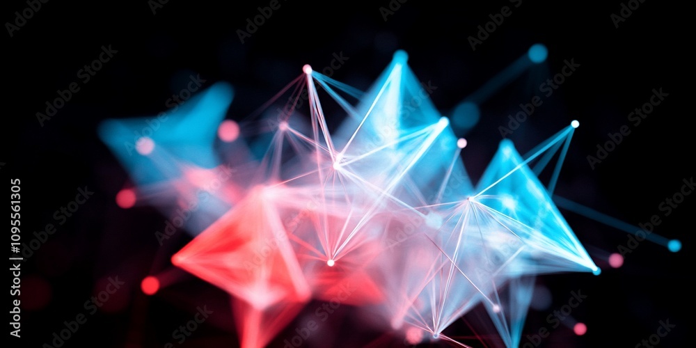 Abstract red and blue glowing geometric shapes and lines on black background. Abstract red and blue glowing geometric shapes and lines on black background.