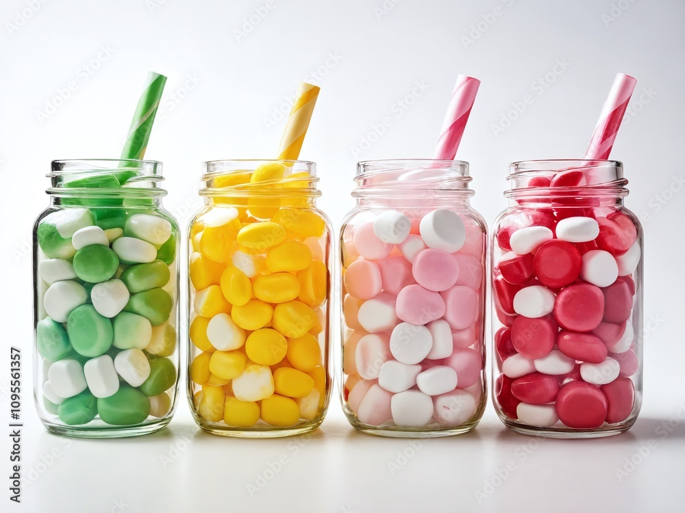 Colorful jars filled with pastel candies create a vibrant display perfect for sweet treats and dessert tables Colorful jars filled with pastel candies create a vibrant display perfect for sweet treats and dessert tables
