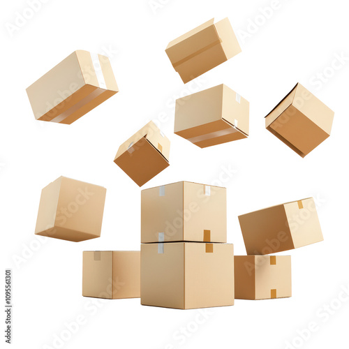 floated cardboard boxes falling isolate on transparent background PNG