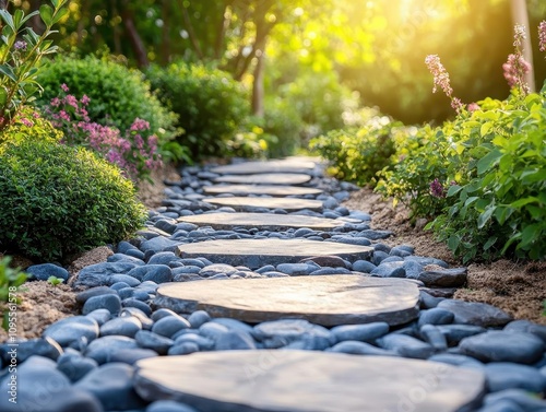 Elegant garden with stone pathways in a natural setting