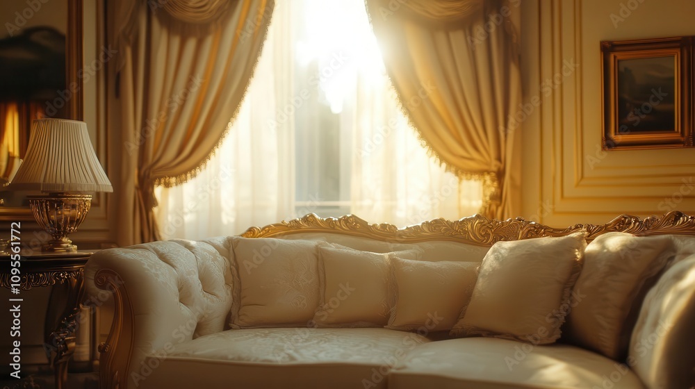 Fototapeta premium Elegant living room with luxury fabrics and diffused sunlight