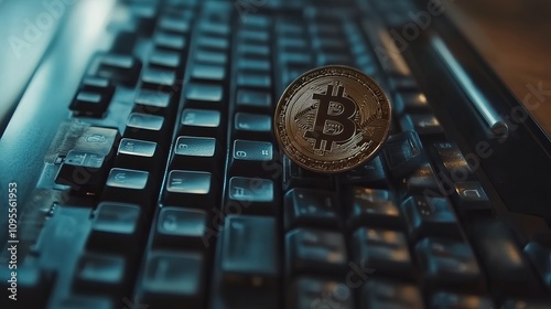 A bitcoin rests on a computer keyboard.  This symbolizes digital currency and cryptocurrency mining. photo