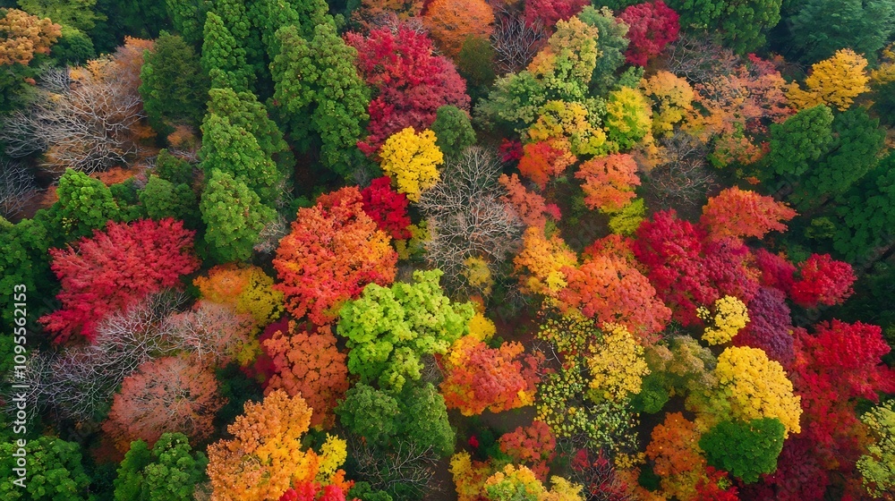 Naklejka premium Breathtaking autumnal woodland landscape with a vibrant carpet of red orange and yellow leaves scattered across the forest floor creating a stunning natural tapestry of colors