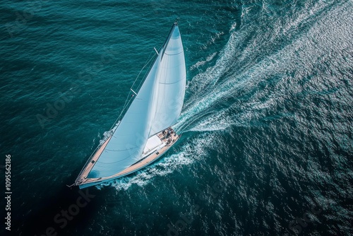 Aerial View of White Sailboat with Large Sail in Deep Blue Ocean Waters photo